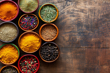 Selection of Spices and Herbs Over Wood Table Background
