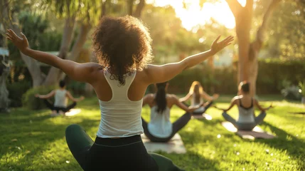 Deurstickers Person sitzt in Yoga Stellung mit gesunder Rückenhaltung auf einer Trainingsmatte und entspannt dabei mit Meditation Generative AI © Imagecreator
