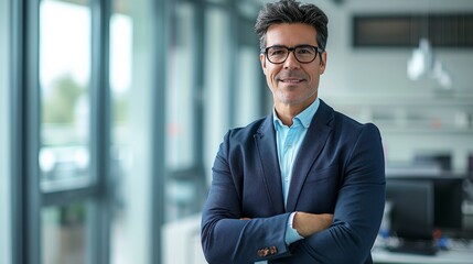 Fototapeta premium A confident businessman stands tall in his crisp white dress shirt and tailored suit, exuding professionalism and success with his crossed arms and charming smile, ready to conquer the world of busin