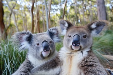 Two marsupial mammals, with soft fur and curious snouts, explore the great outdoors among towering trees as they embrace their wild and free spirits
