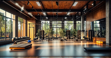 Modern, spacious gym interior with a variety of fitness equipment, reflective floors, and large...