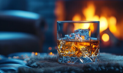 Crystal glass of whisky with ice by the fireplace, creating a cozy and warm atmosphere. Home...