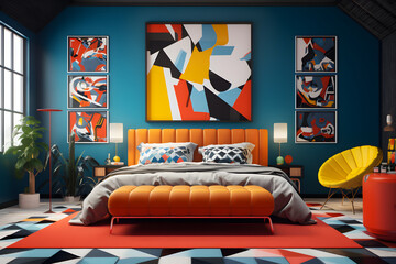 A bedroom featuring a mix of vibrant primary colors