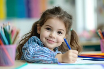 Excited little girl learns to draw with a color pencil in an art class