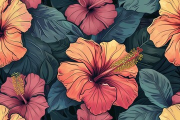 Hand drawn flower art seamless pattern illustration. Tropical hibiscus nature floral background in vintage art style. Spring season painting print.