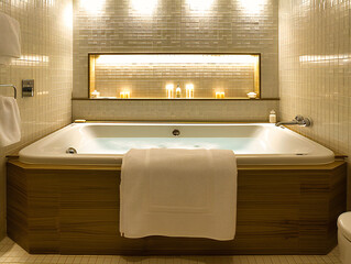 Elegant Spa Bathroom with Luxurious Bathtub, Modern Design and Relaxing, Comfortable Atmosphere - obrazy, fototapety, plakaty