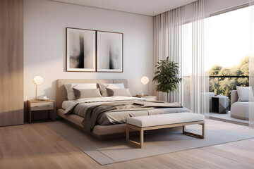 Naklejka na ściany i meble A bedroom with a combination of plush carpet