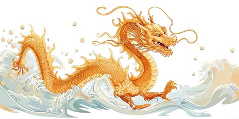 Traditional Chinese new year gold dragon in sea waves isolated on white.