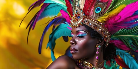 Woman in carnival costume with feathers and jewelry. - obrazy, fototapety, plakaty