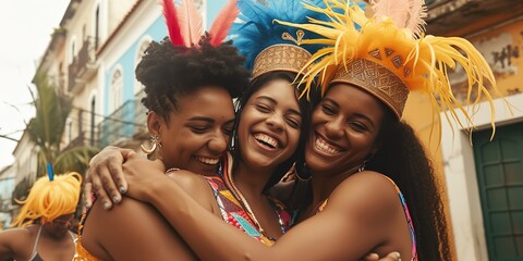 Women, samba and dancers hugging and bonding in costume before a carnival celebration. Party,...