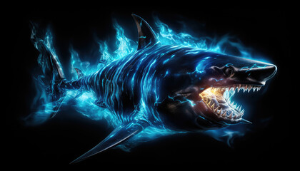 Blue fire and flames textured shark isolated on clear black background