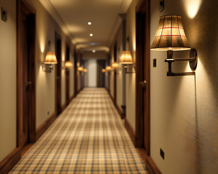 Hotel Corridor with Architectural Elegance, Carpeted Hallway and Modern, Comfortable Ambiance