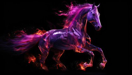 Obraz na płótnie Canvas Purple fire and flames textured horse isolated on clear black background