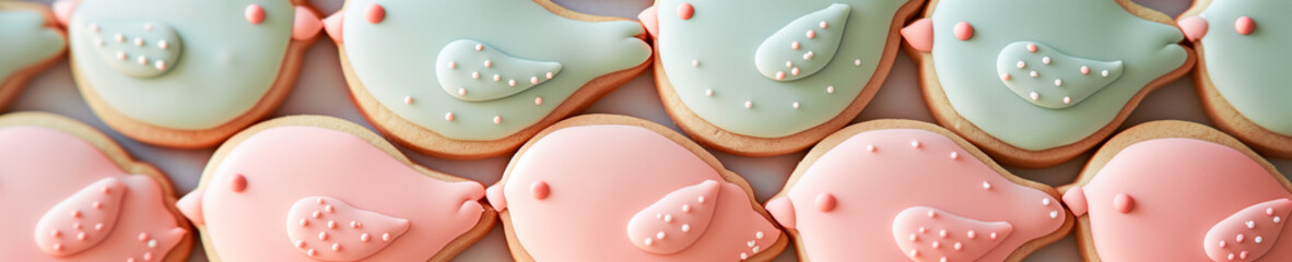 A panoramic view showcasing an array of soft pastel colored iced bird sugar cookies, ideal for a spring celebration.
