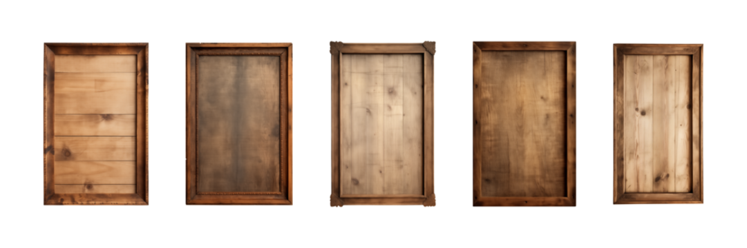 Collection of rectangular wooden signboard, plate, plank, frame isolated on a transparent background