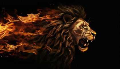 Gold fire and flames textured lion isolated on clear black background