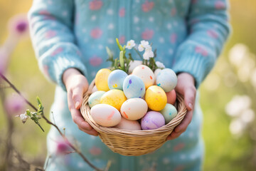 Fototapeta na wymiar Girl holding basket full of colored Easter eggs