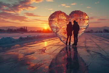 Couple participating in a synchronized ice skating routine with heart-shaped formations