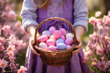 Fototapeta na wymiar Girl holding basket full of colored Easter eggs