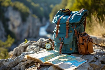 Adventure Beckons: Backpack, Map, and Compass Against Majestic Mountain Backdrop