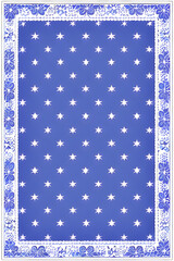 playing card/tarot card reverse side art design, card back pattern - blue purple and white lace border / frame and white stars on periwinkle background