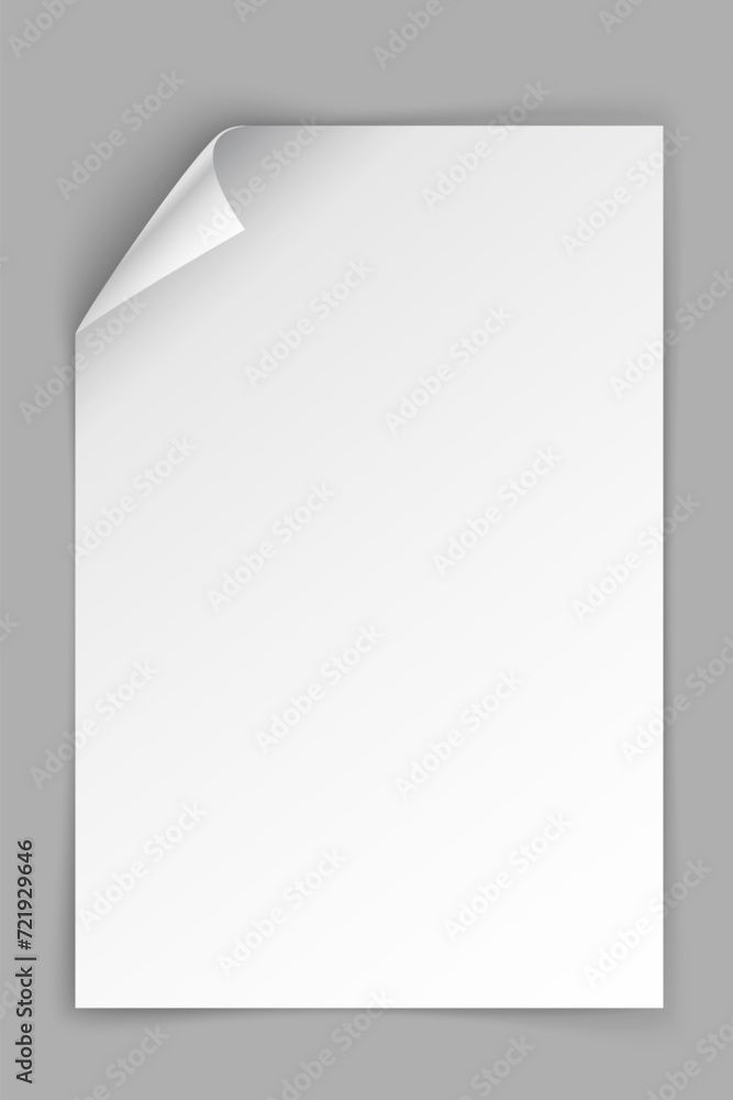 Poster white paper vertical sheet with bending top left corner isolated on grey background. vector illustra