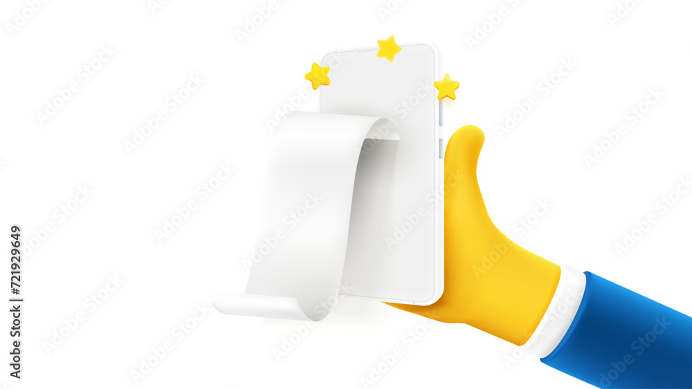 Aufkleber Man holding smartphone with paper bill on the screen. 3d vector banner with copy space