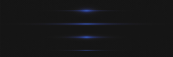Pack of bright horizontal highlights, rays, lines on a transparent background. Laser beams, horizontal light beams.