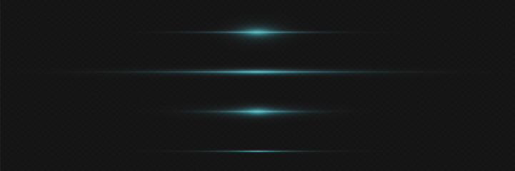 Pack of bright horizontal highlights, rays, lines on a transparent background. Laser beams, horizontal light beams.