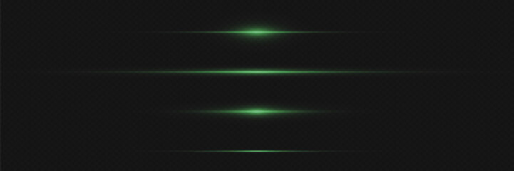 Pack of bright horizontal highlights, rays, lines on a transparent background. Laser beams, horizontal light beams.