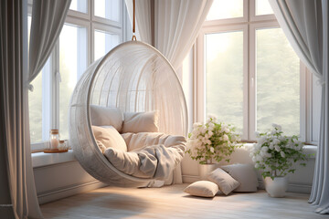 A bedroom with a unique hanging cocoon chair - obrazy, fototapety, plakaty