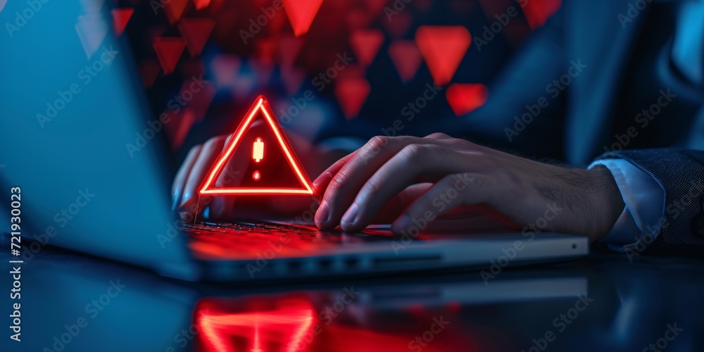 Wall mural entrepreneur's fingers typing on computer with triangular malicious alert sign. malware fraud phishi - Wall murals