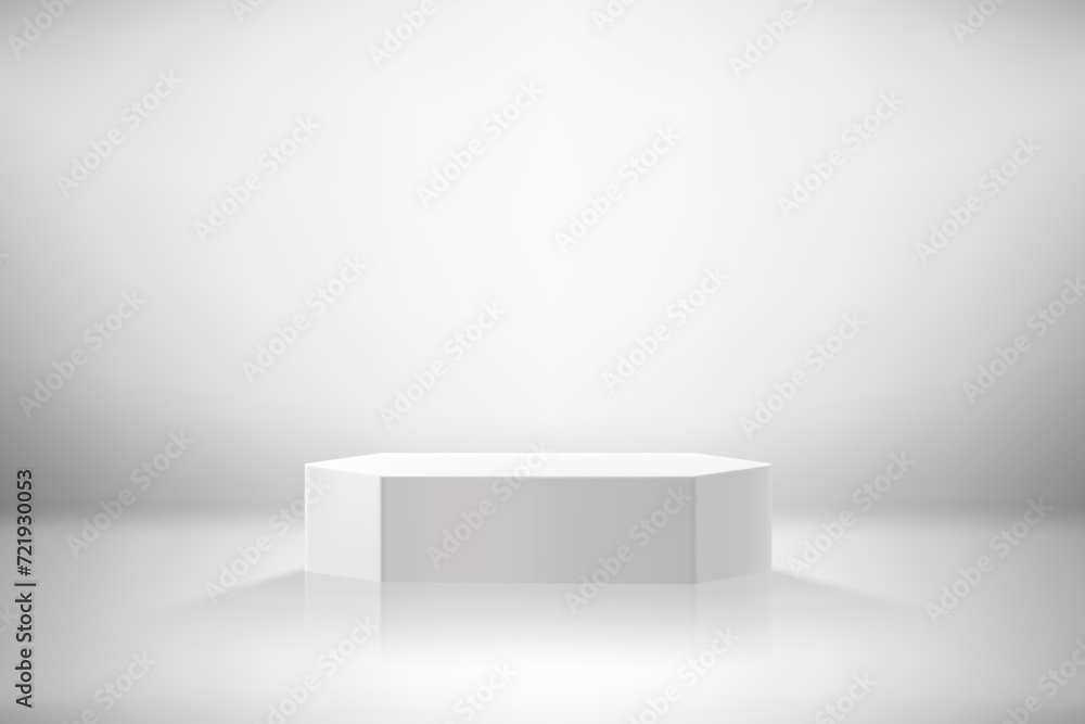 Poster white room with podium. realistic showcase. 3d style vector illustration
