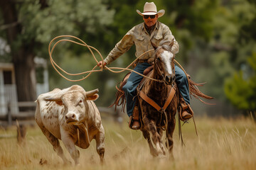 Dynamic action shot of a cowboy in sunglasses lassoing cattle while riding