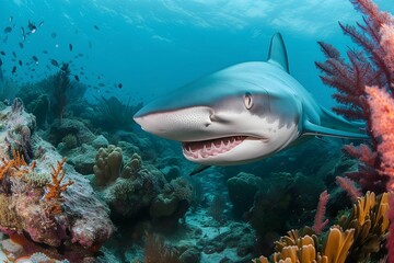 Fototapeta premium A shark stalking a coral reef with a wary look and sharp teeth