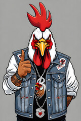 illustration of a rock and roll rockstar rooster wearing a jean jacket mascot logo