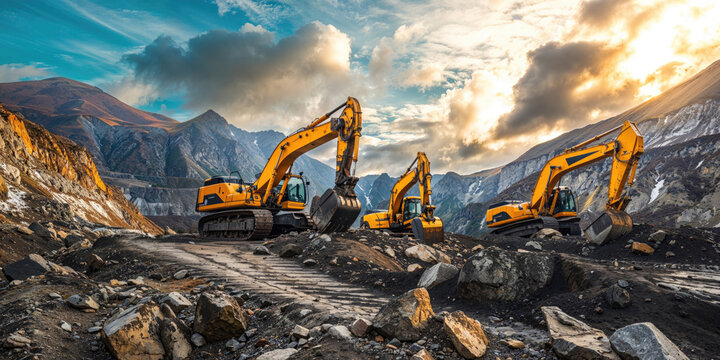 Heavy machinery excavators operate in a rugged quarry against the backdrop of majestic mountains under a dramatic sky.