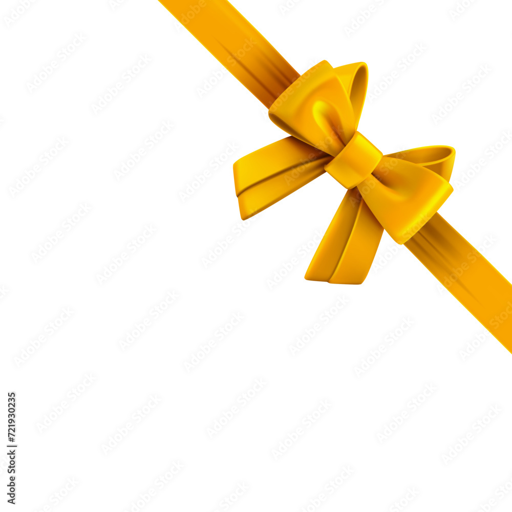 Poster golden ribbon with bow on the right corner. design trmplate. 3d vector illustration