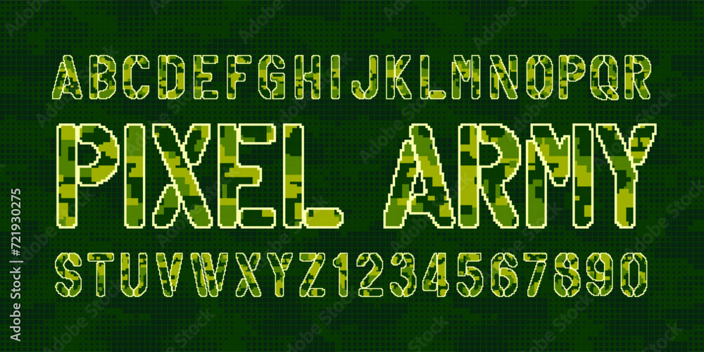 Poster pixel army alphabet font. stencil pixel letters and numbers. 80s arcade video game typeface.