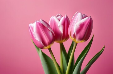 Pink tulips on the pink background. Valentines background. Beautiful Tulips flowers isolated on pink Background. Springtime flowers for Womens Day, Wedding, Birthday