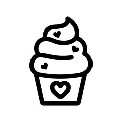 Cupcake icon with cream, hearts. Cupcake muffin outline icon illustration. Confectionery line icon, editable stroke. Muffin with decorations in a linear style. Sweet food