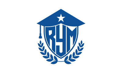 RYM three letter iconic academic logo design vector template. monogram, abstract, school, college, university, graduation cap symbol logo, shield, model, institute, educational, coaching canter, tech