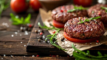 Juicy beef burgers on a wooden surface.