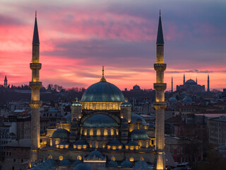 New Mosque (Yeni Cami) and Hagia Sophia (Ayasofya) Mosque in the Magnificent Sunrise Colorful ...