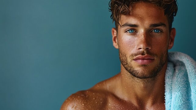 Attractive toned man in bathrobe.