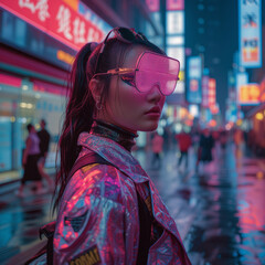 A Glimpse into the Fusion of 1980s Style and Futuristic Tech in a Cyberpunk Metropolis