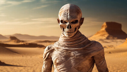 evil mummy in the desert monster dark horror scary Halloween creepy spooky - obrazy, fototapety, plakaty