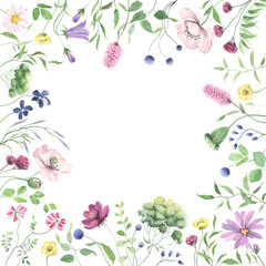 Floral frame with colorful delicate flowers and green plants, watercolor isolated illustration for design cover, background, greeting or invitation cards, floral hand drawn border. - 721932090