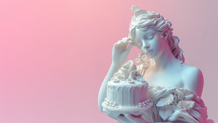 Antique sculpture of a woman with a birthday cake. Modern art, neoclassical style in white, pink colors.