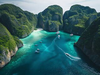 Tropical Island Beachscape in Light Emerald and Dark Crimson Splendor